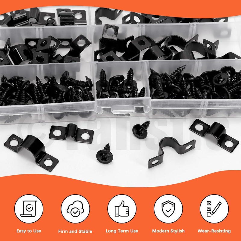Tanstic 40Pcs Black Two Hole Pipe Strap, 3/16” 5/16” 3/8” 1/2” Two Hole Strap U Bracket Rigid Pipe Strap Pipe Strap Clamp with Phillips Modified Truss Head Wood Screws for Fixing Conduit, U Bracket - Image 5